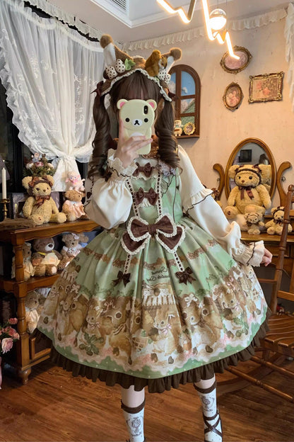 Emerald Doll Collar Long-Sleeve Bow Lolita Dress - Squirrel Chocolate