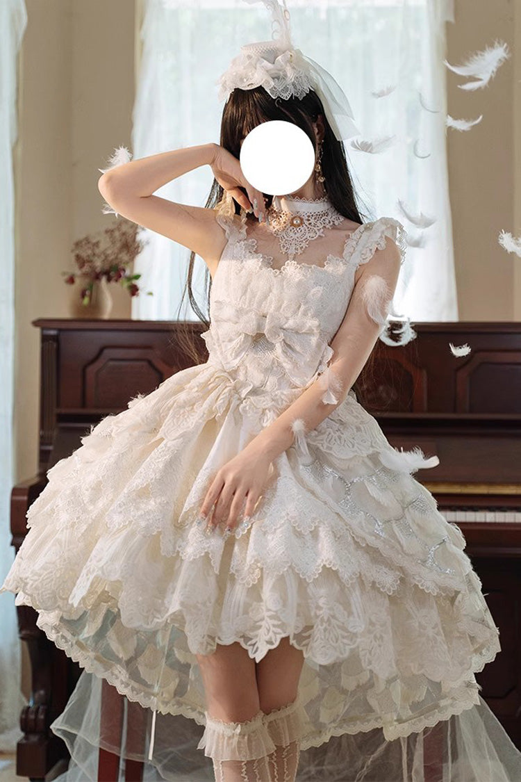 Ivory Peacock Feather Layered Ruffle Hanayome Cardigan Bow Lace Sweet Lolita Jsk Set