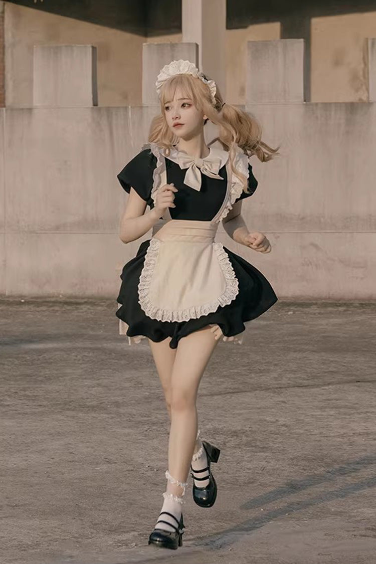 Ruffled Bow Sweet Elegant Maid Dress - Black/White