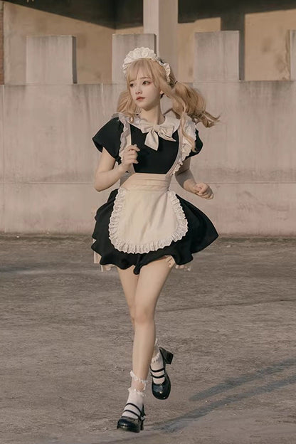 Ruffled Bow Sweet Elegant Maid Dress - Black/White
