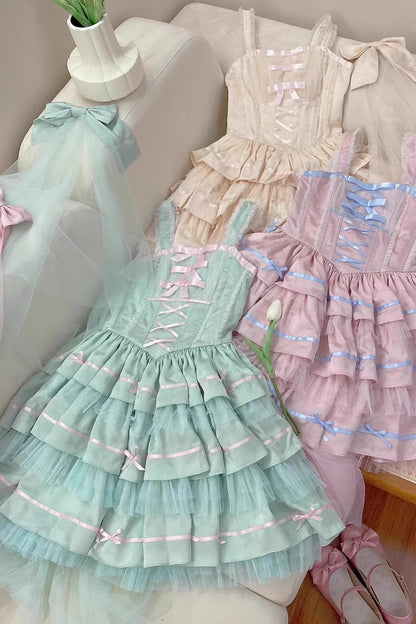 Green Triple Ruffle Bow Lace Ballet JSK Dress