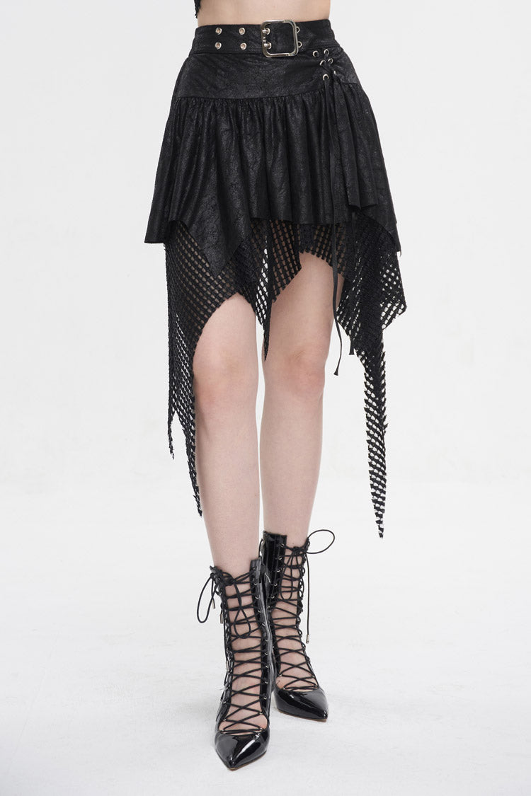 Gothic Skirt with Irregular Mesh Splice and Buckle