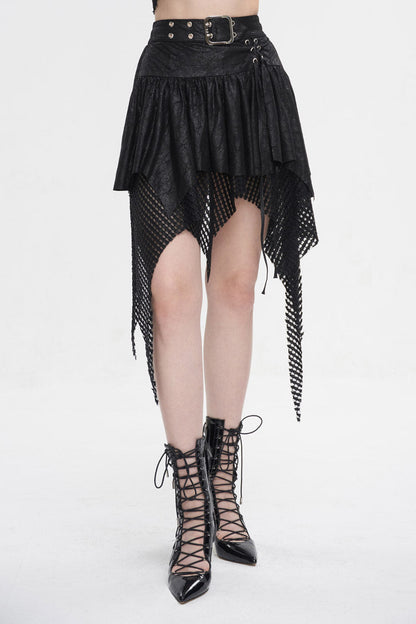 Gothic Skirt with Irregular Mesh Splice and Buckle