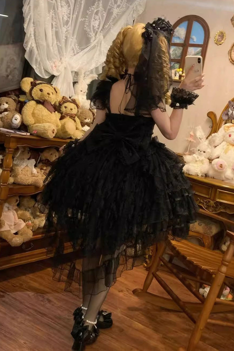 Black Feathers Ballad Sleeveless Multi-Layered Ruffle Hanayome Bow Gothic Lolita Jsk Dress