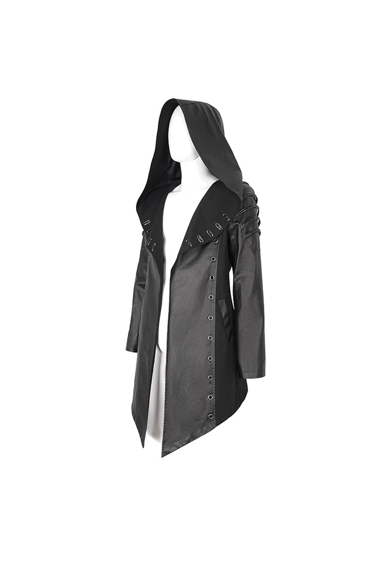 Eyelet Black Asymmetric Gothic Jacket with Hood for Men