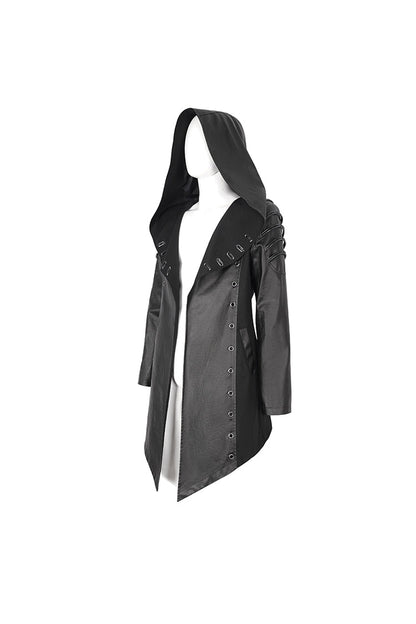 Eyelet Black Asymmetric Gothic Jacket with Hood for Men