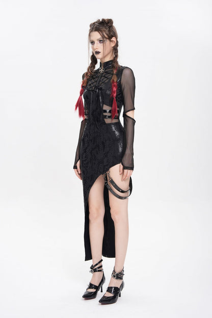 Stand Collar Long Sleeve Stitching Lace-Up Mesh Punk Dress