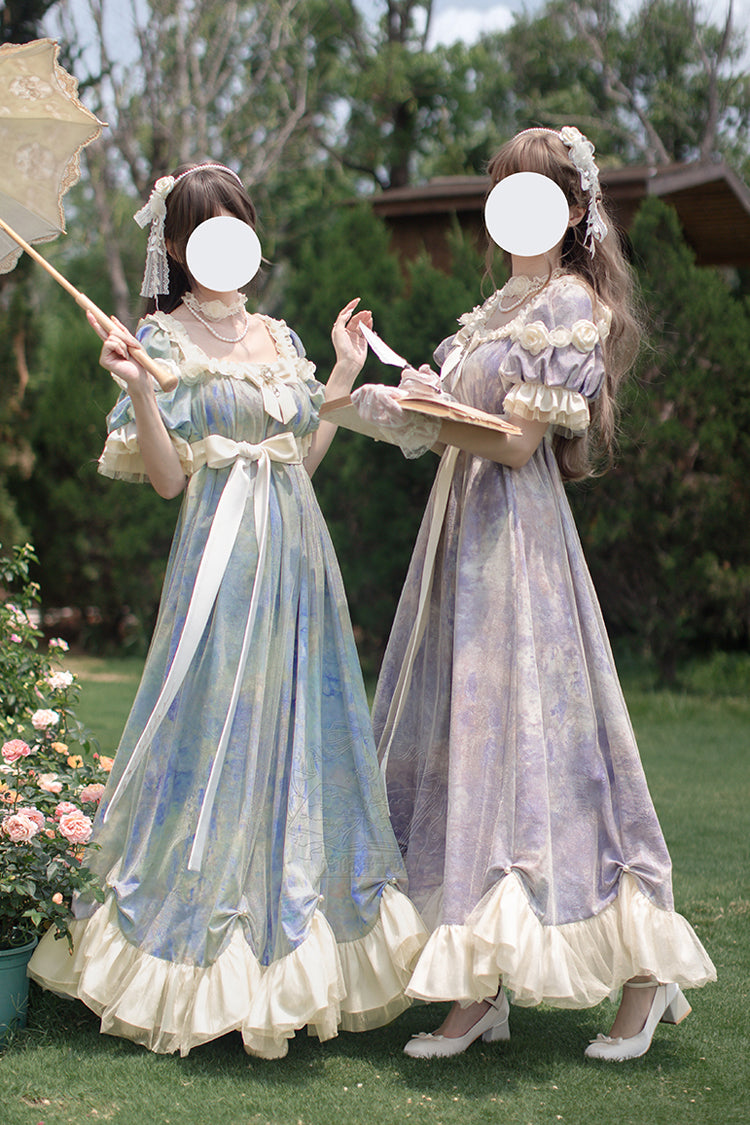 Short-Sleeve Ruffle Bow Dress with Artistic Print