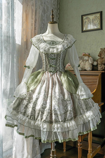 Emerald Lace-Up Bow Lolita OP Dress - Teacup Rabbit