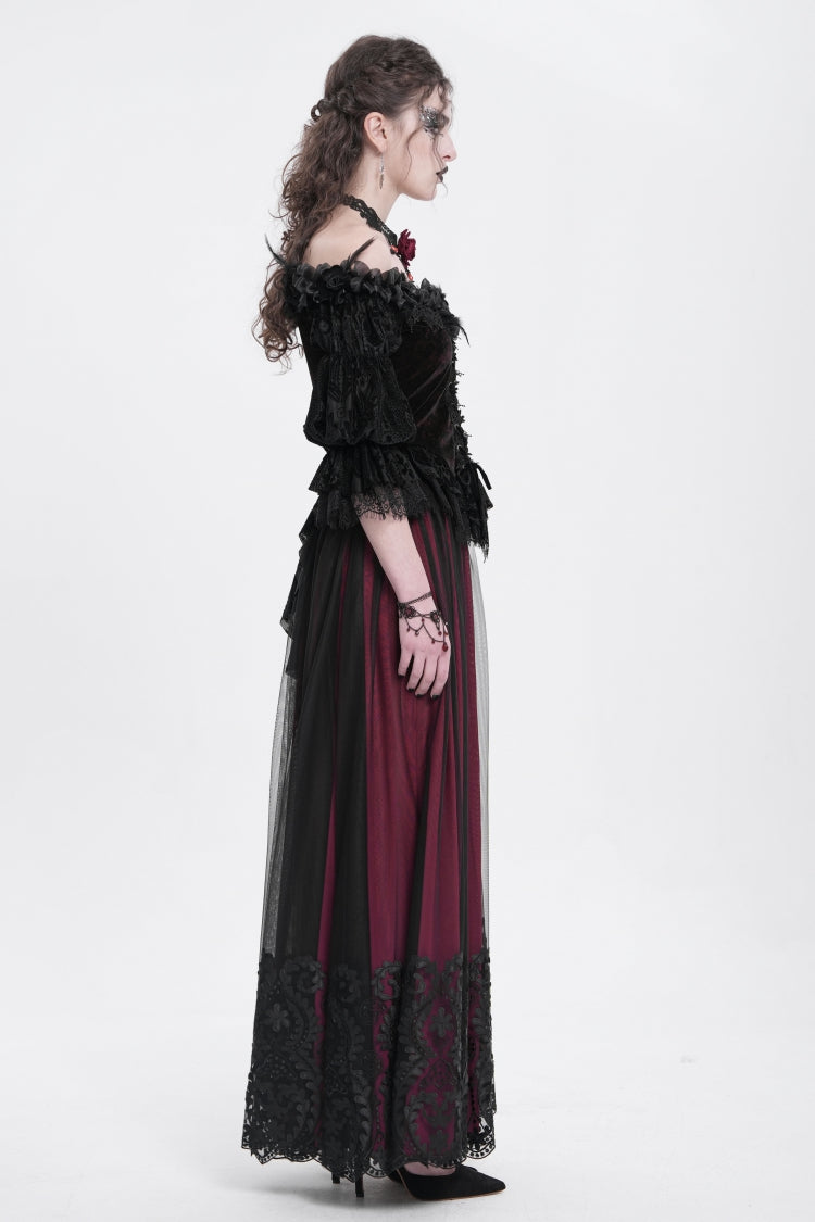 Crimson Stitched Floral Mesh Women's Goth Skirt