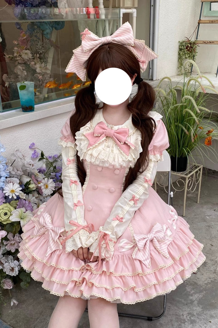 Rose Striped Layered Short Sleeves Multi Ruffle Bow Sweet Princess Lolita Tiered Dress
