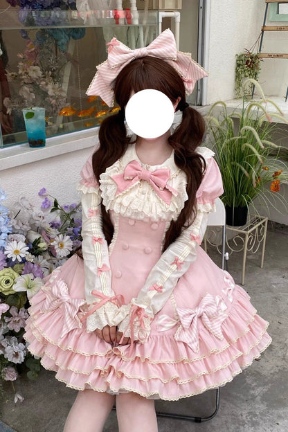 Rose Striped Layered Short Sleeves Multi Ruffle Bow Sweet Princess Lolita Tiered Dress
