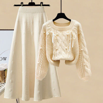 Set Skirt Cable Sweater Pills Decor Knit