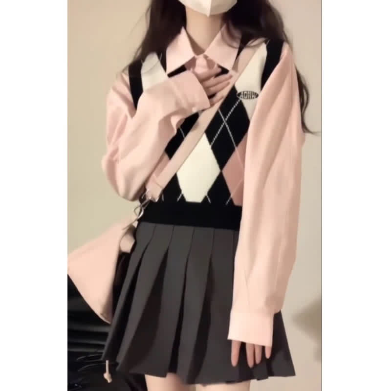 Skirt Pink Sleeve Pleated Rhombus Print Shirt Long Vest