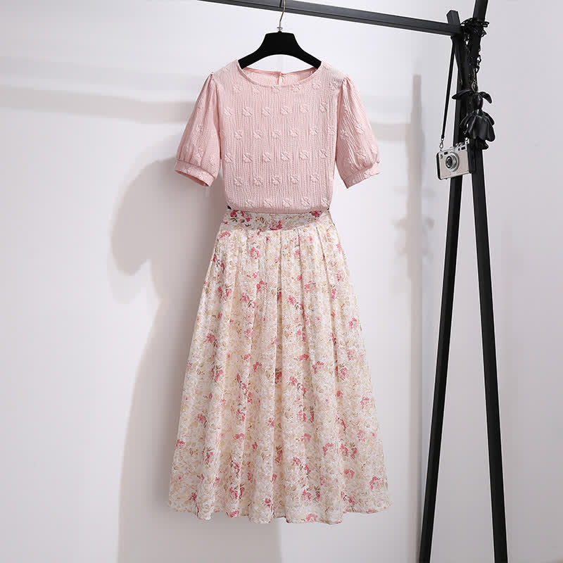 Pink Puff Sleeve T-Shirt Floral Print Pleated Skirt