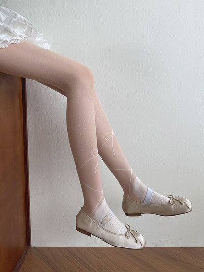 White Polka-dot Pattern Bowknot Print Lolita Tights