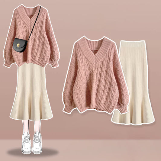 V-neck Set Sweater Cable Fishtail Skirt