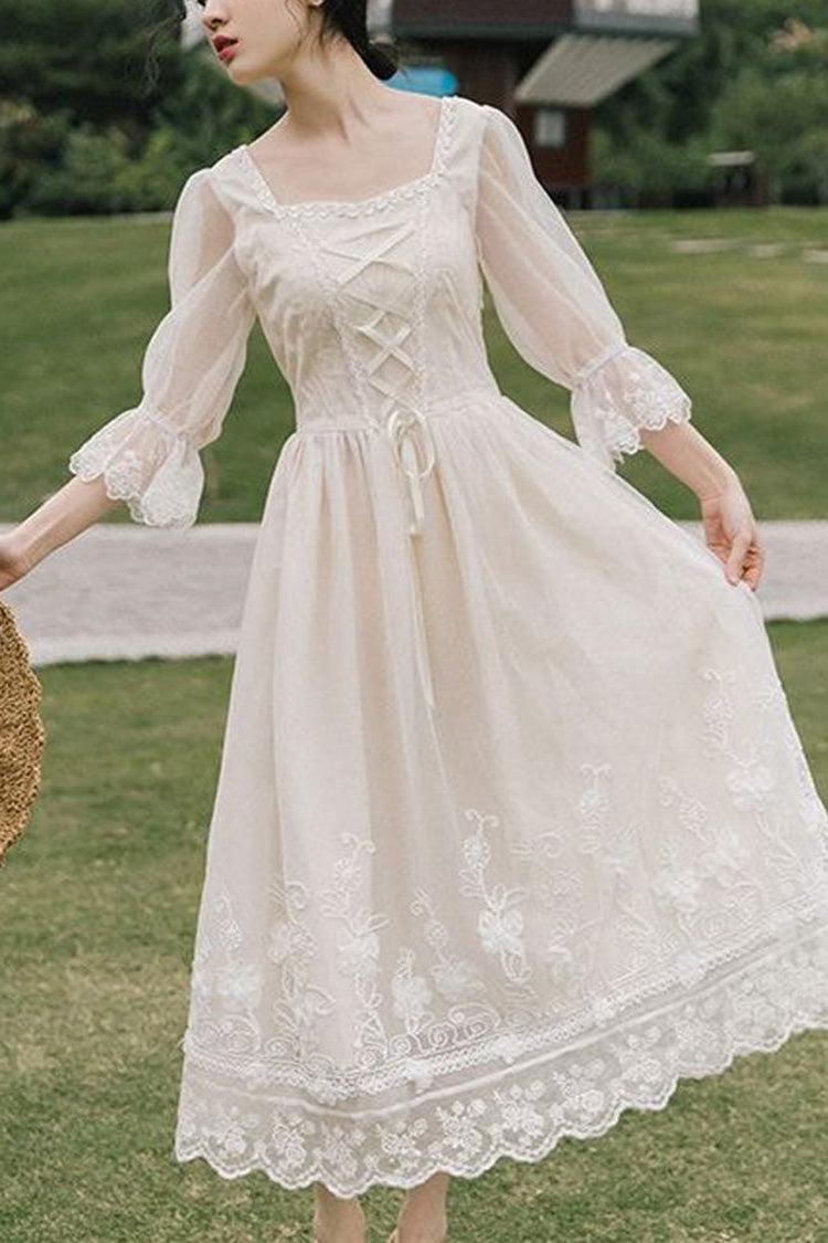 White Sweet Lolita OP Dress with Lace Sleeves and Floral Embroidery