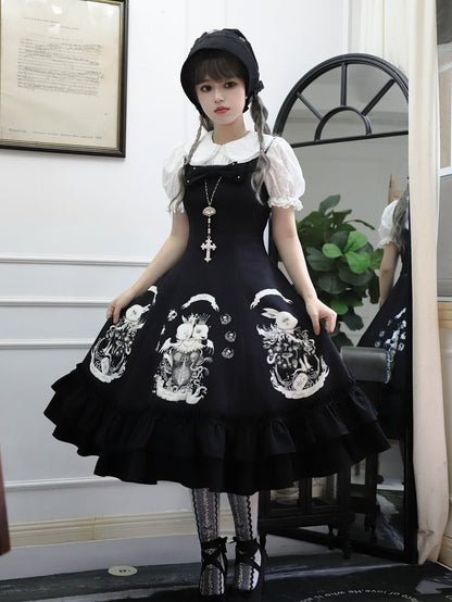 Bunny Print Black Dark Gothic Lolita Slim Fit Waist Dress
