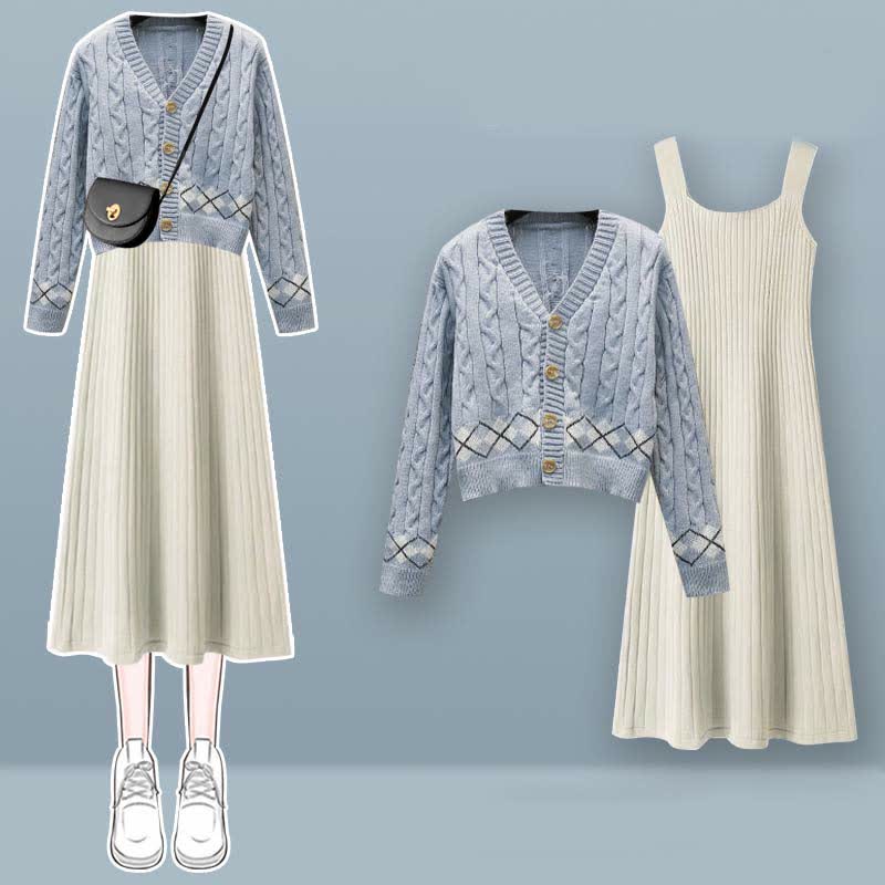Sweater Slip Dress Rhombus Set Print Cardigan