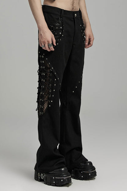 Gothic Flared Pants with Lace-Up Mesh Detailing