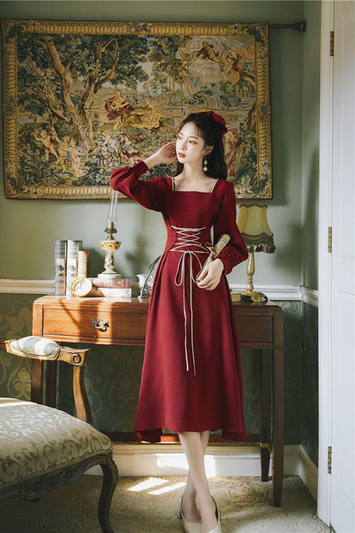Wine Classic OP Dress Lolita European Manor Square Collar - Altfashion Shop
