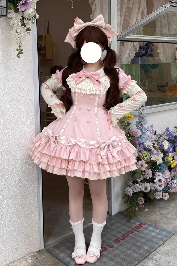 Rose Striped Layered Short Sleeves Multi Ruffle Bow Sweet Princess Lolita Tiered Dress