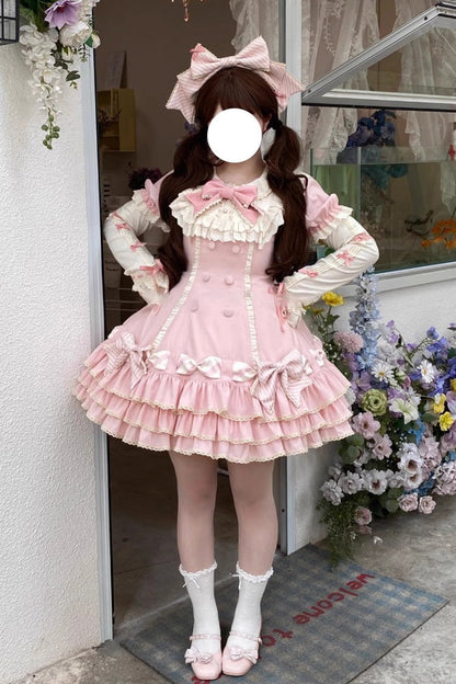 Rose Striped Layered Short Sleeves Multi Ruffle Bow Sweet Princess Lolita Tiered Dress