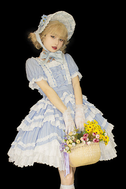 Blue Halter Sweet Lolita OP Dress with Lace and Ruffled Short Sleeves