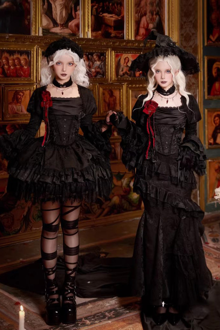 Gothic Lolita Skirt with Multi-Layered Jacquard and Ruffled Witch Design