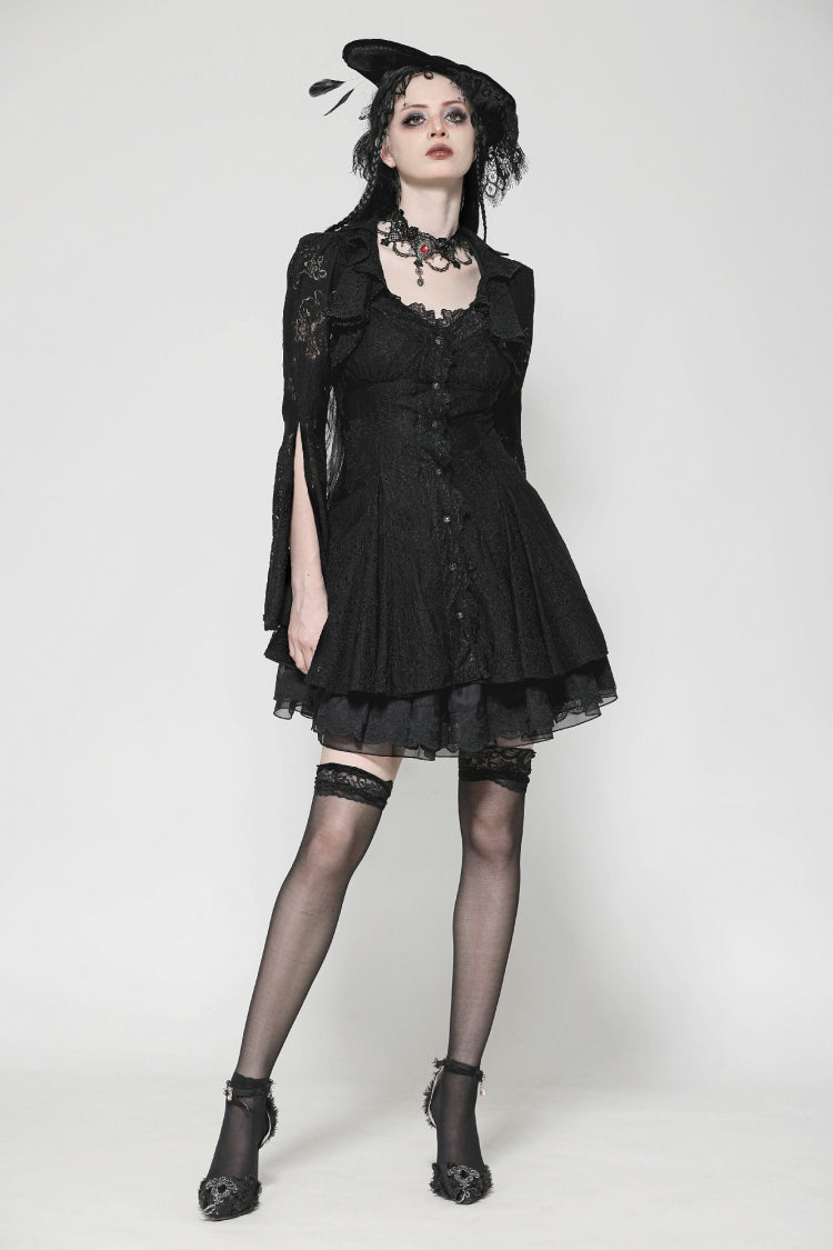Ebony Embroidered Lace Trumpet Sleeve Corset Dress - Gothic Honeymoon Gown