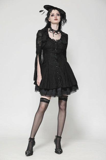 Ebony Embroidered Lace Trumpet Sleeve Corset Dress - Gothic Honeymoon Gown