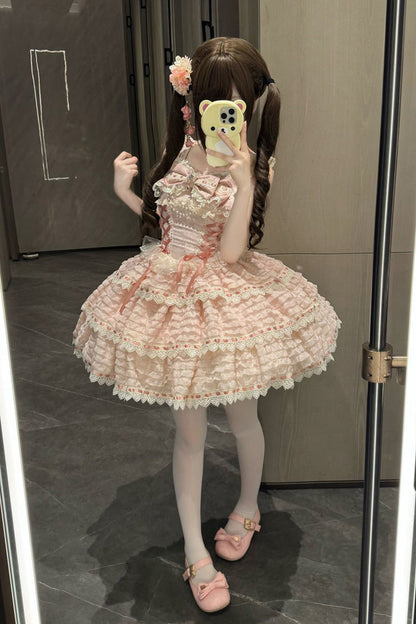 Pink Floral Letters Song Sleeveless Triple-Layered Bow Lace-Up Sweet Lolita Jsk Dress
