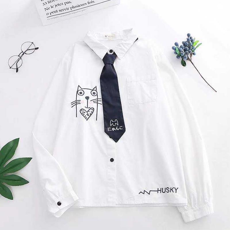 Cute Kitty Long Sleeve Necktie White Shirt