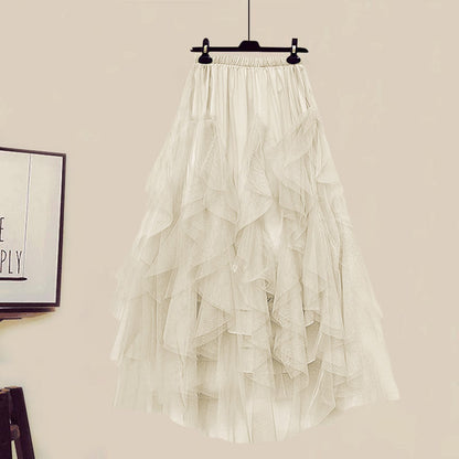 Shirt Fake Colorblock Skirt Tulle Set Tiered