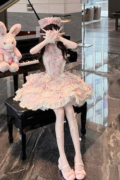 Pink Heart of Butterfly Halterneck Sleeveless Multi-Layer Ruffle Embroidery Princess Ballet JSK Dress Set