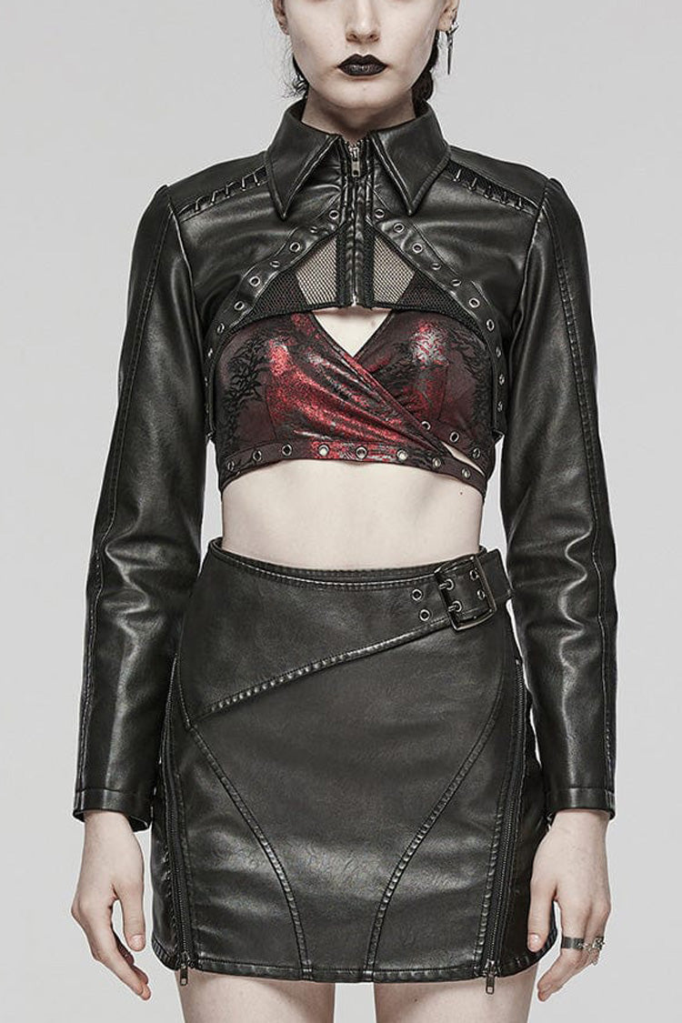 Women's Steampunk Short Coat with Long Sleeves and Hollow Stitching in Black Faux Leather