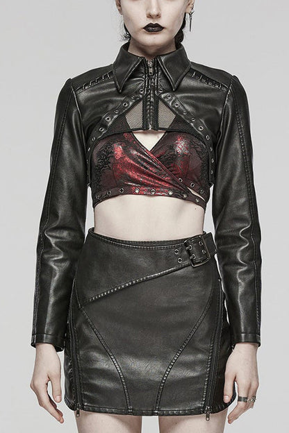 Women's Steampunk Short Coat with Long Sleeves and Hollow Stitching in Black Faux Leather