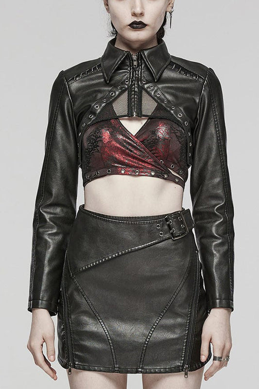Women's Steampunk Short Coat with Long Sleeves and Hollow Stitching in Black Faux Leather
