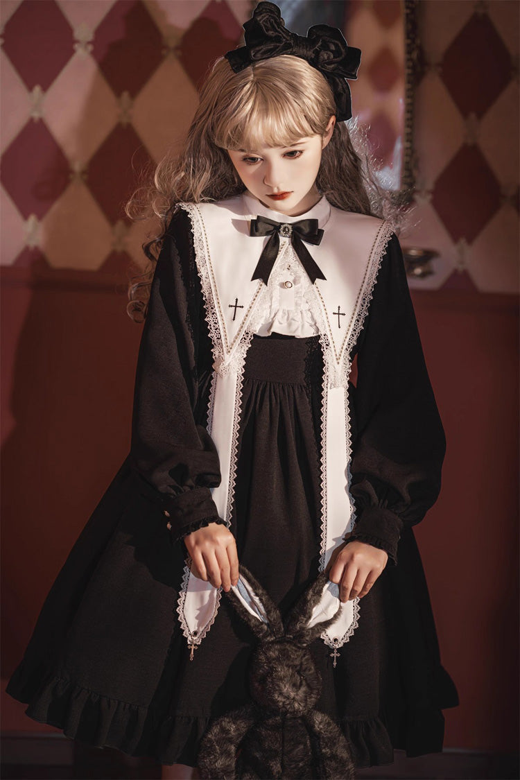 Classic Gothic Elegant Nun Dress with Long Sleeves and Ruffled Bow
