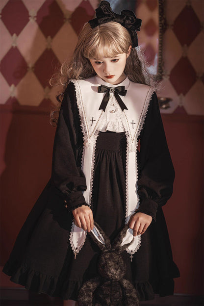 Classic Gothic Elegant Nun Dress with Long Sleeves and Ruffled Bow