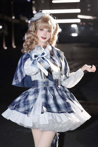 Lapel Long Sleeve Double Printed Ruffled Bow Japanese Lolita Skirt Set