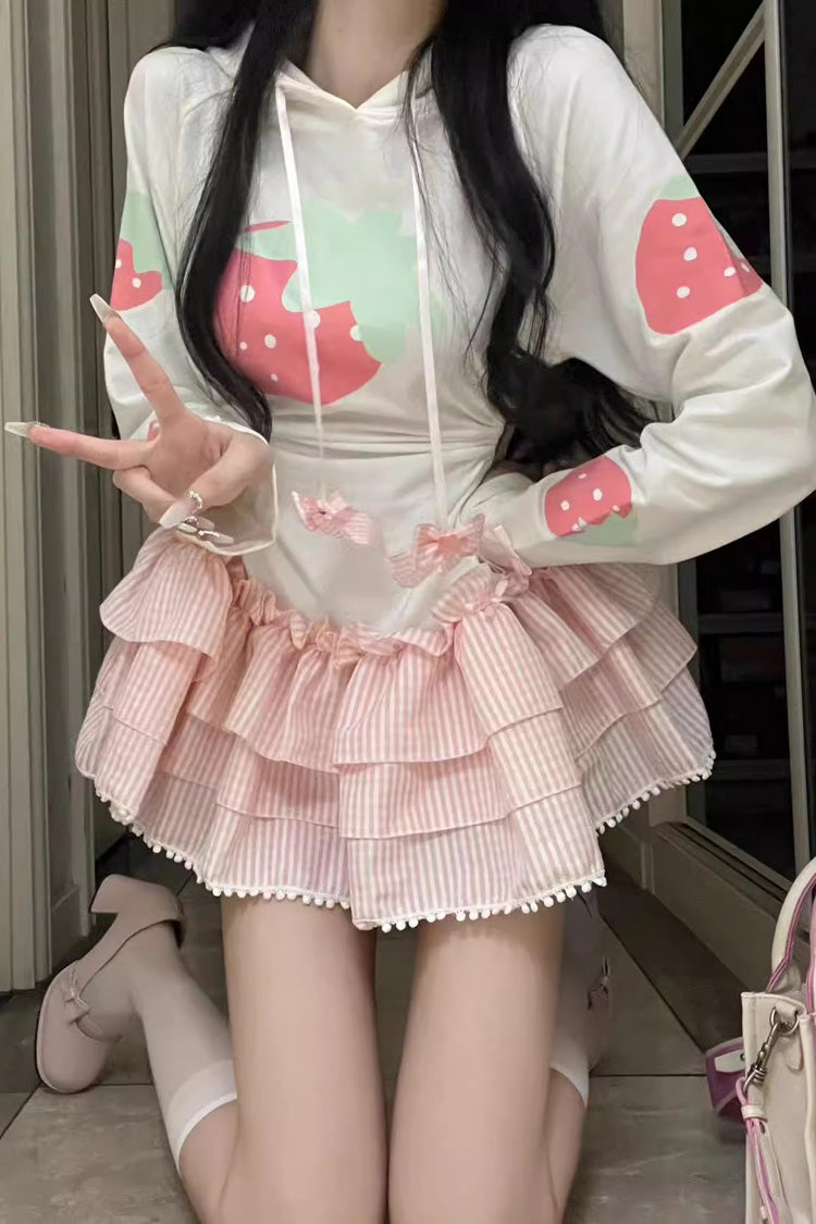 White/Pink Sweet Lolita Long-Sleeved Strawberry Print Hooded Dress