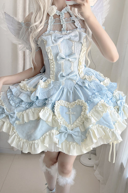 Blue Heart of Butterfly Halterneck Sleeveless Multi-Layer Ruffle Embroidery Princess Ballet JSK Dress Set