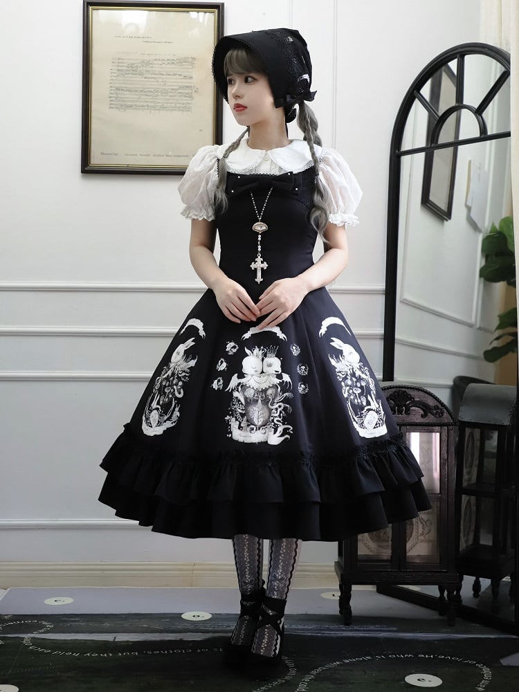 Bunny Print Black Dark Gothic Lolita Slim Fit Waist Dress