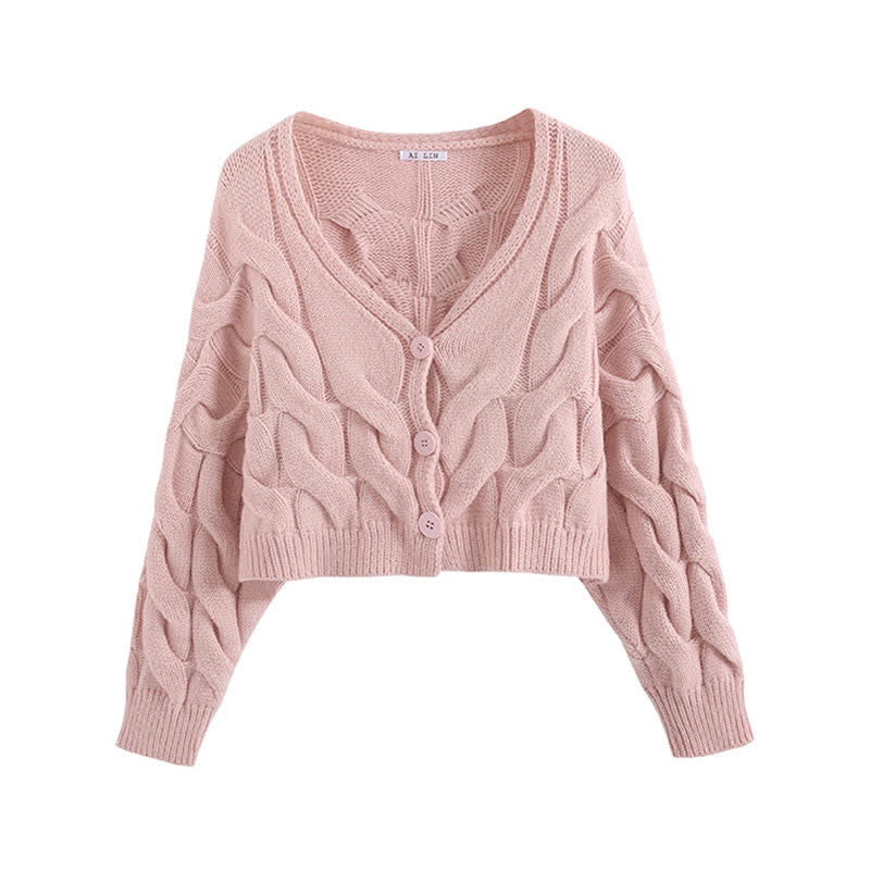 Pull cardigan à col en V en tricot torsadé doux avec robe perlée