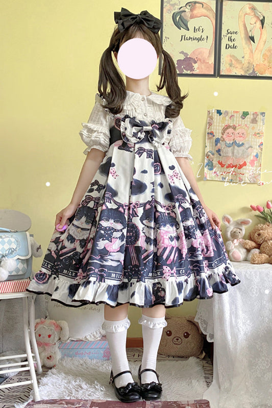 Cow Cat Print Ruffle Ribbon Sweet Lolita Jumper Dress