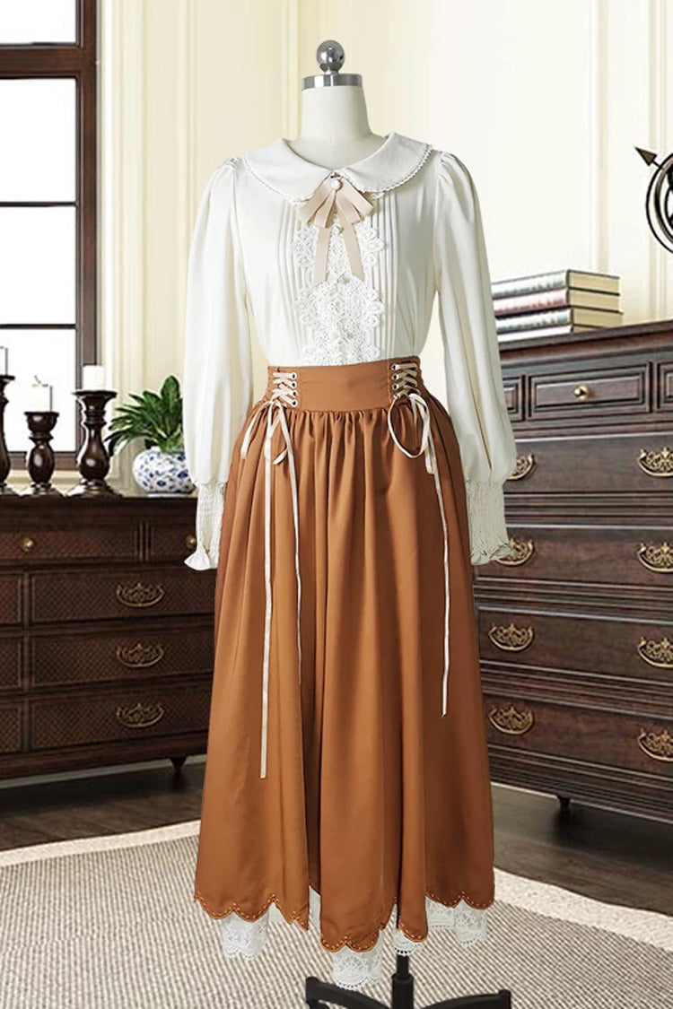 Blue Lapel Collar Long Sleeves High Waist Lace-Up Wave Hem Classic Lolita Two-Piece Set