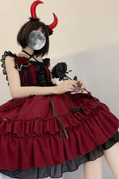 Red Gothic Lolita Double-Layered Ruffle Stitching Lace JSK Dress