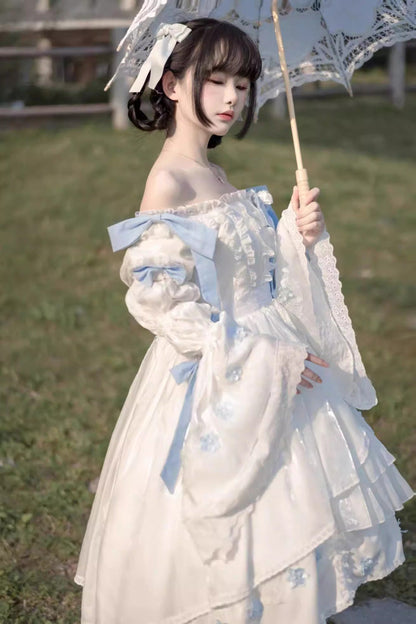 White Boat-Neck Multi-Layer Ruffled Hanayome Bow-Trim Sweet Princess Lolita Strapless Dress